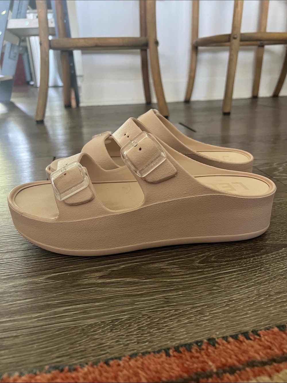 Platform Dual-Buckle Slide Sandals in Nude Pink